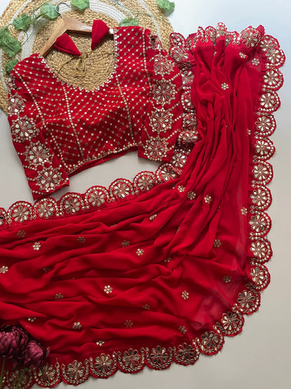 Blossom Party Wear Red Colour Faux Georgette Sequence Heavy Border n Real Mirror Work Fancy Designer Saree With stitched Blouse
