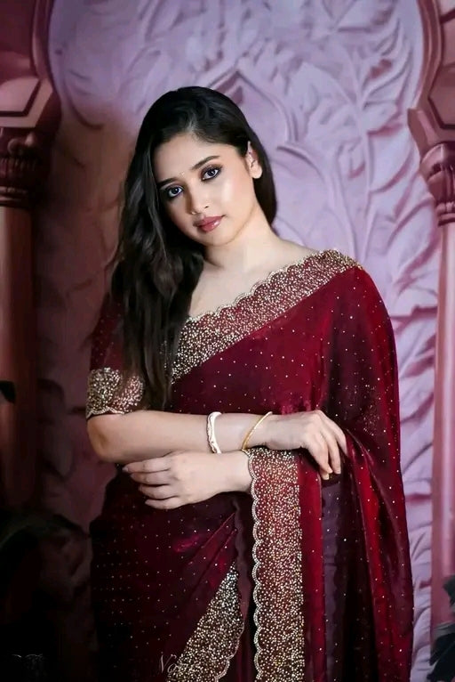 Luxury Fendi Space Silk Jarkan Embroidery Maroon Saree