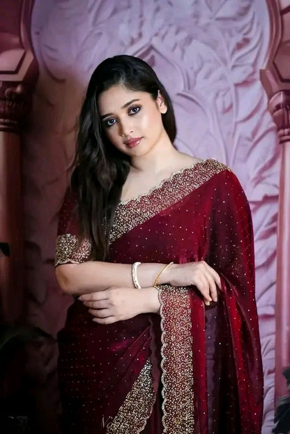 Luxury Fendi Space Silk Jarkan Embroidery Maroon Saree