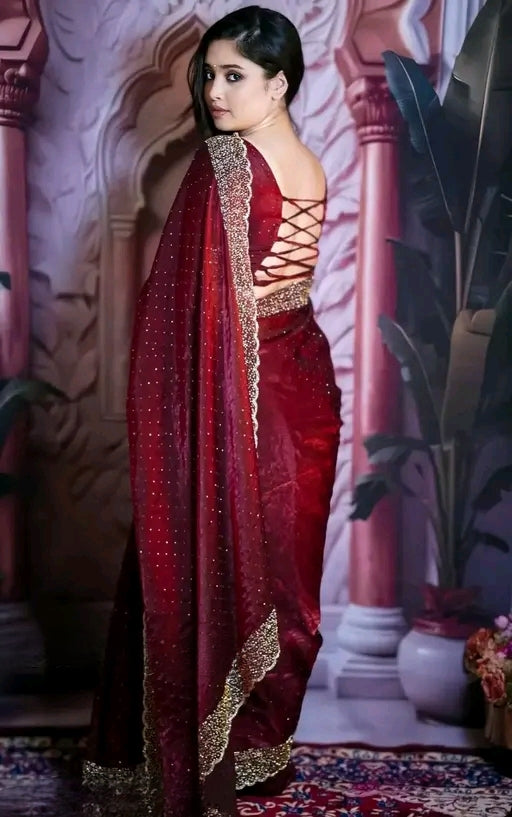 Luxury Fendi Space Silk Jarkan Embroidery Maroon Saree