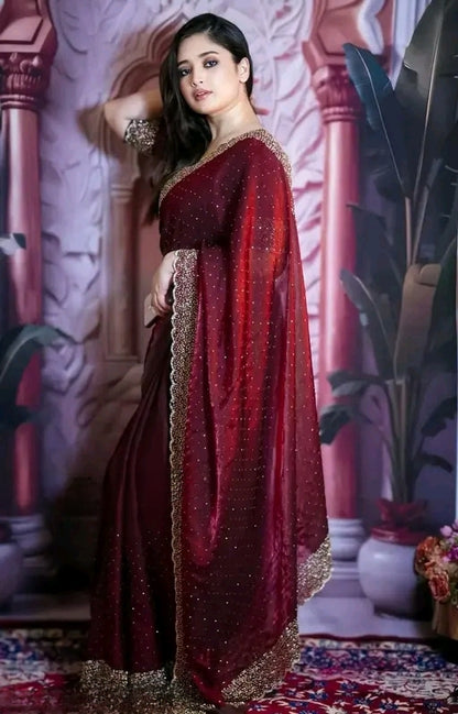 Luxury Fendi Space Silk Jarkan Embroidery Maroon Saree