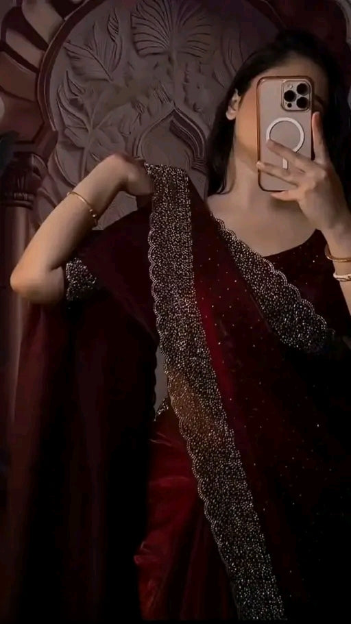 Luxury Fendi Space Silk Jarkan Embroidery Maroon Saree