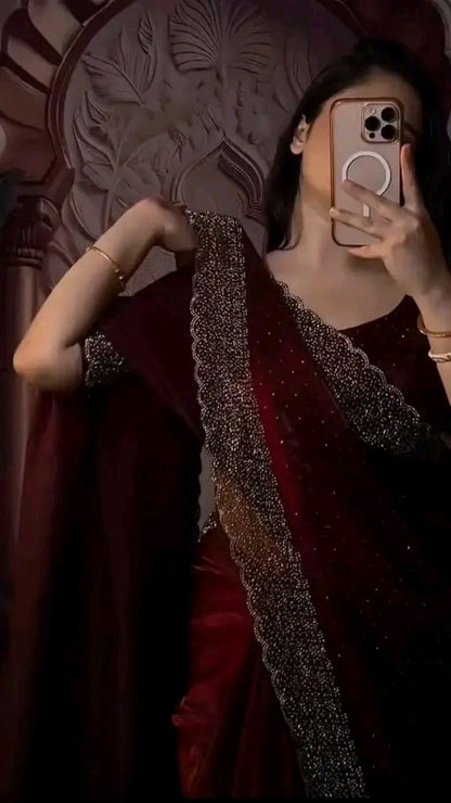 Luxury Fendi Space Silk Jarkan Embroidery Maroon Saree