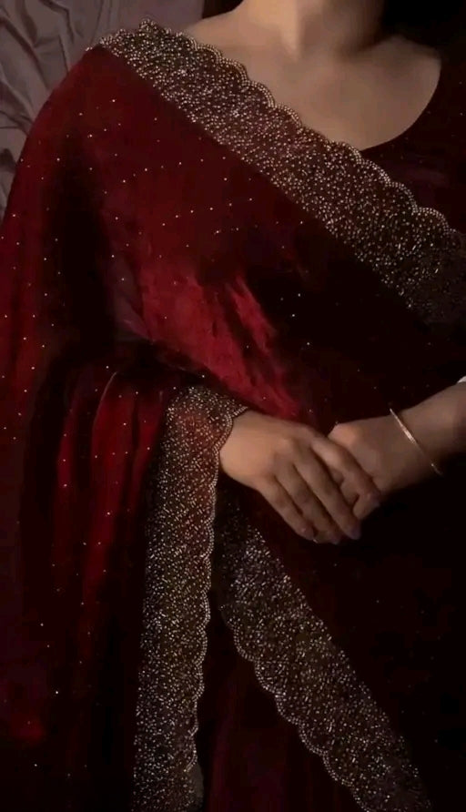 Luxury Fendi Space Silk Jarkan Embroidery Maroon Saree