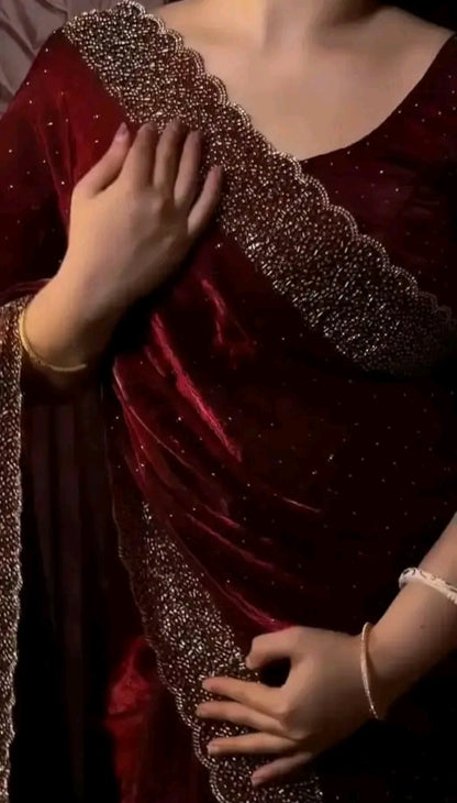 Luxury Fendi Space Silk Jarkan Embroidery Maroon Saree