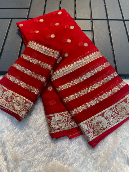 Latest Function wear Viscose Georgette Jacquard Weaving Work Fancy Designer Saree