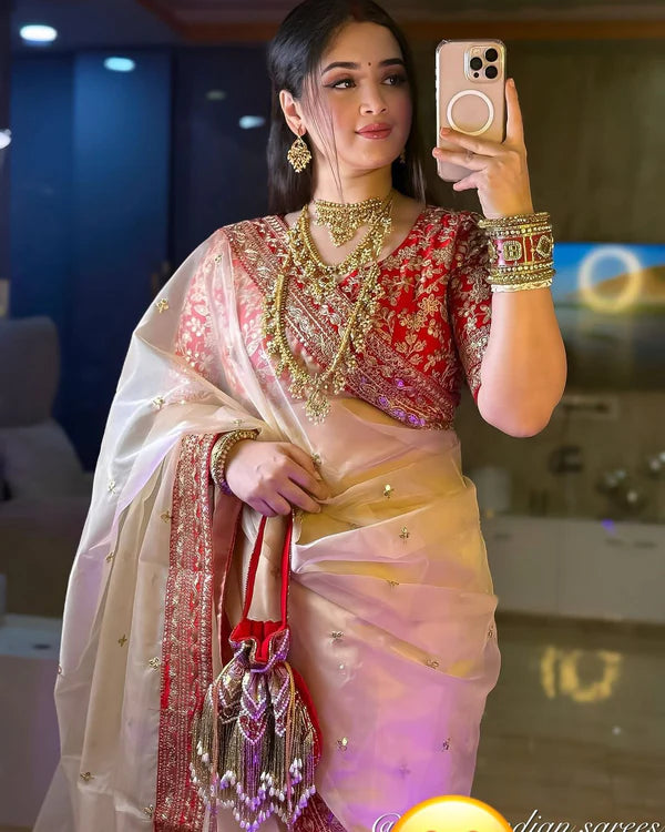 Premium Soft Organza Dori Embroidery Work Golden Saree