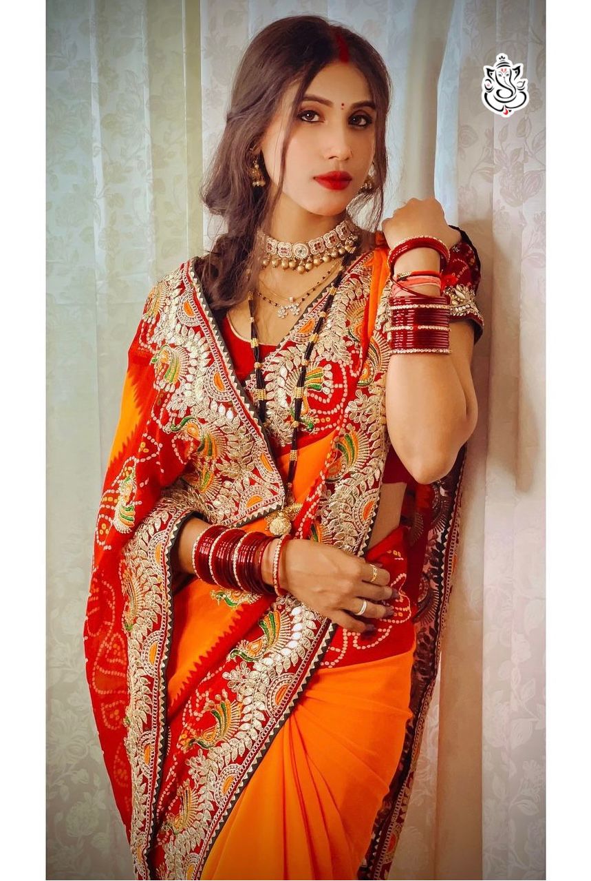 Arrivals In Bandhej YELLOW +Red Spcl Heavy Georgatte Bandhej Saree