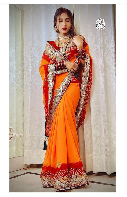 Arrivals In Bandhej YELLOW +Red Spcl Heavy Georgatte Bandhej Saree