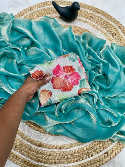 New Highly Demanded Val- Moti Work Position Printed Blouse With Pure Fendy Space Silk Plain  saree