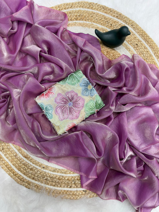 New Highly Demanded Val- Moti Work Position Printed Blouse With Pure Fendy Space Silk Plain  saree