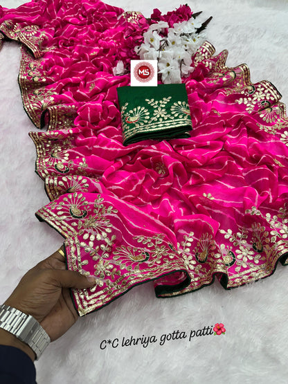 Heavy Georgatte C By Lehriya Saree With Beautiful C-P[allu With Gotta Patti Work