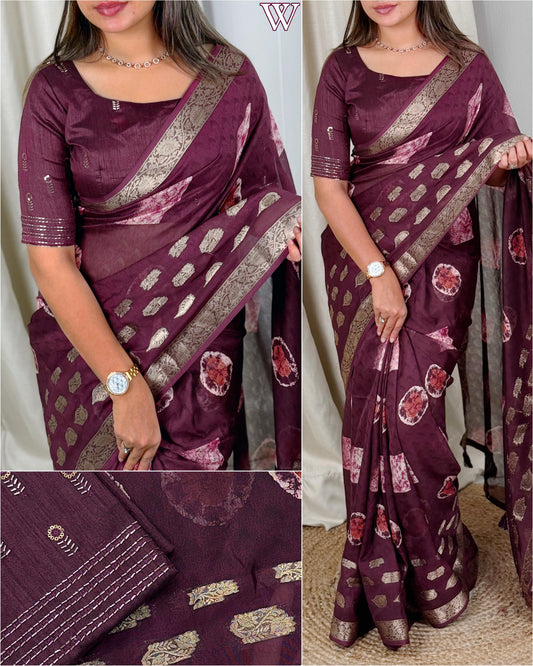 A Self Jacquard Printed Cotton Beauty For Upcoming Summer Seasons With Unique Beads Work Blouse