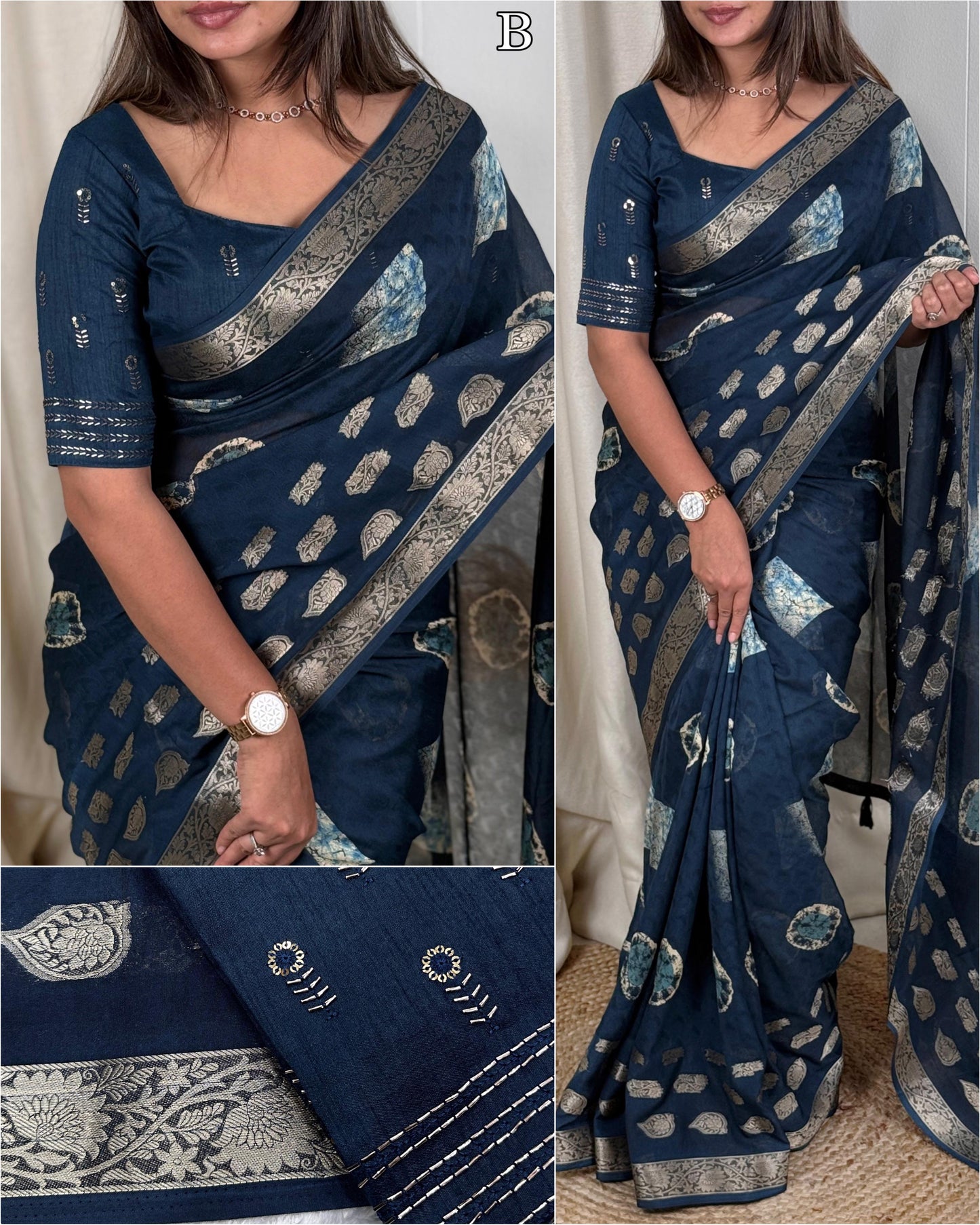 A Self Jacquard Printed Cotton Beauty For Upcoming Summer Seasons With Unique Beads Work Blouse