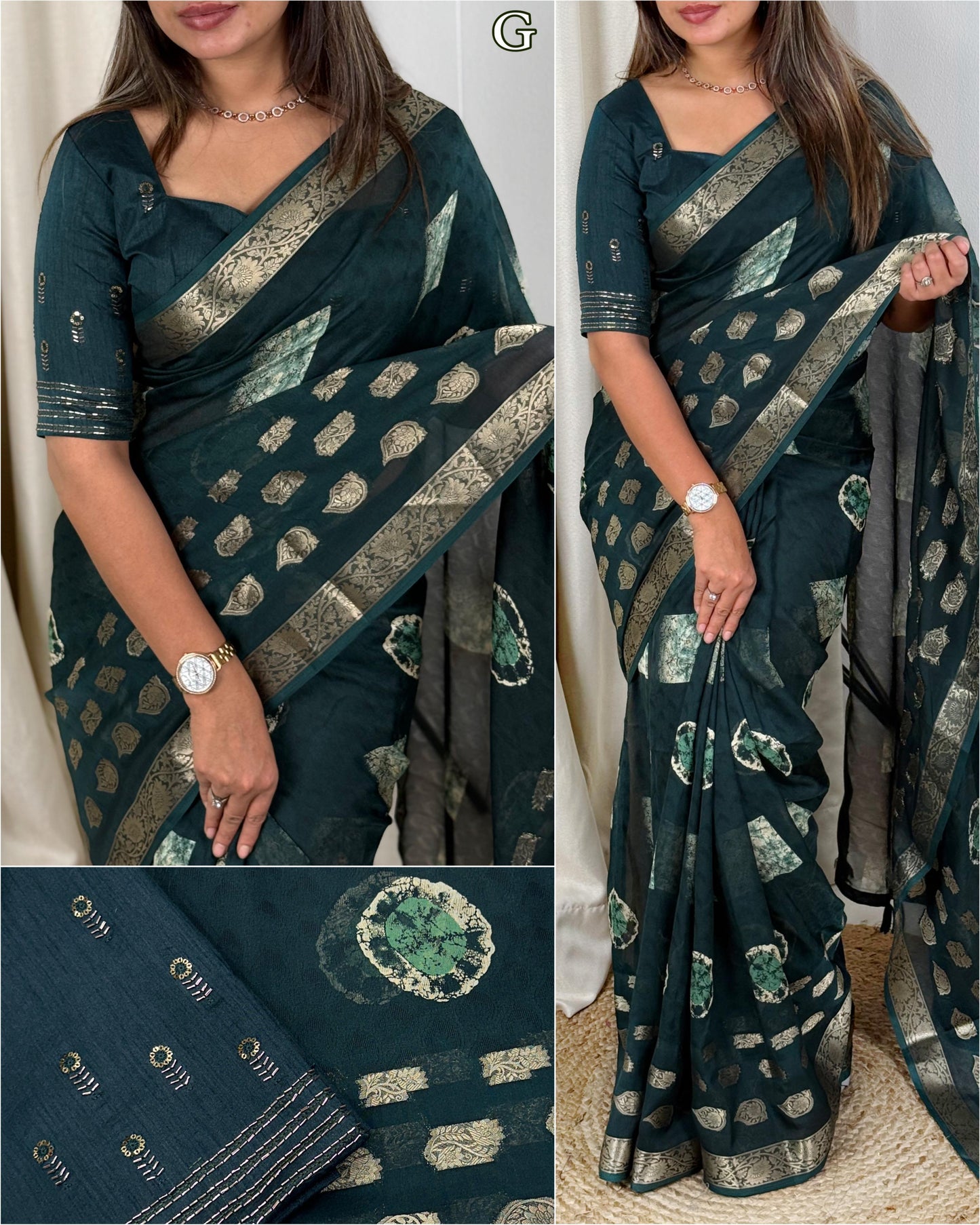 A Self Jacquard Printed Cotton Beauty For Upcoming Summer Seasons With Unique Beads Work Blouse