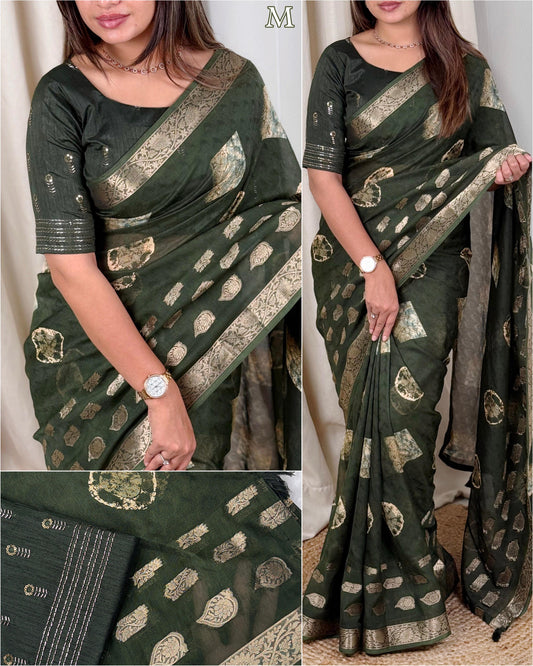 Self Jacquard Printed Cotton Beauty For Upcoming Summer Seasons With Unique Beads Work Blouse