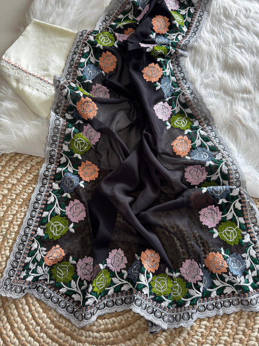 Introducing Our Exquisite floral Embroidered Soft Georgette Saree