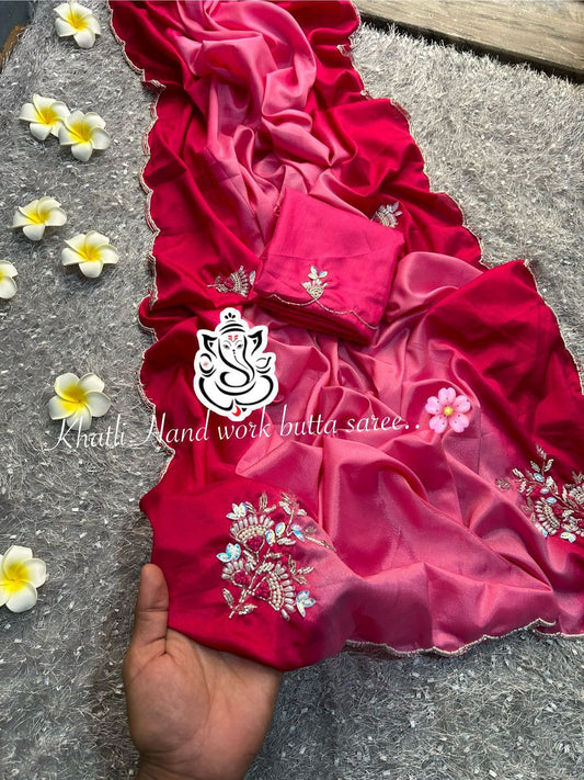 Beautiful Pending Colour Shade Wedding Wear Saree With  Khatli Hand Work Butta In Pallu nd Moti Cut Work