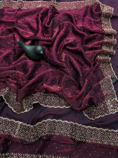 Quality-Fendi Space Silk Saree With Jarkhan Work All Over Saree.