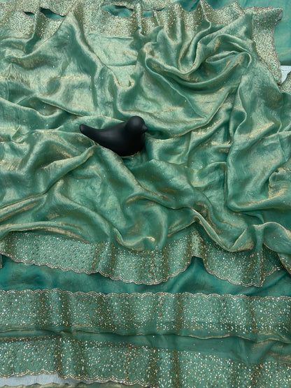 Quality-Fendi Space Silk Saree With Jarkhan Work All Over Saree.