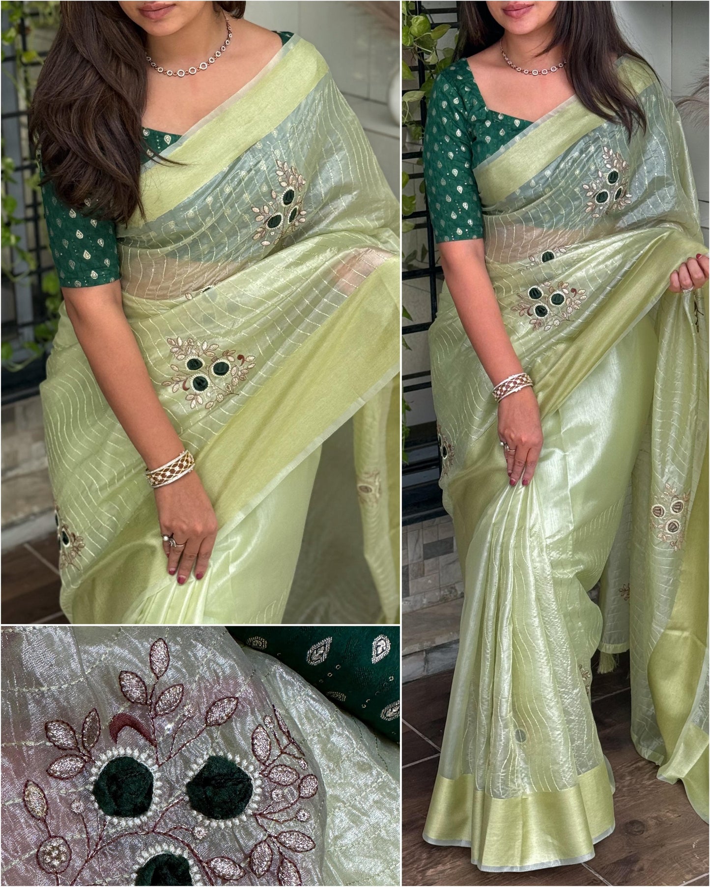 A Tissue Silk Beauty For Upcoming Festival Seasons With Unique Blade Cut Work And Contrast jacquard blouse