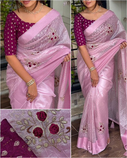 A Tissue Silk Beauty For Upcoming Festival Seasons With Unique Blade Cut Work And Contrast jacquard blouse