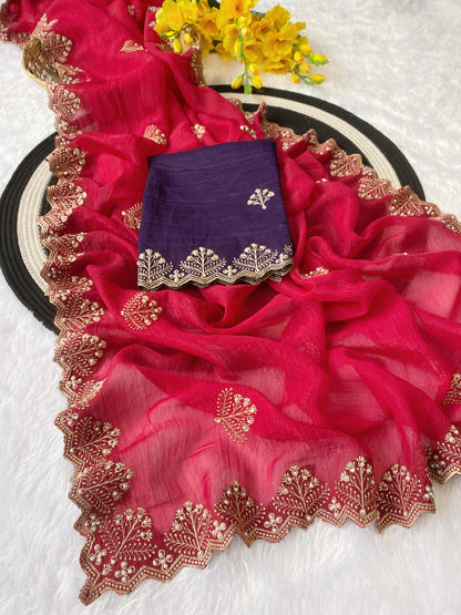 Crunchi Soft  Silk With Beautiful Embroidery & Moti Work A Scalloped