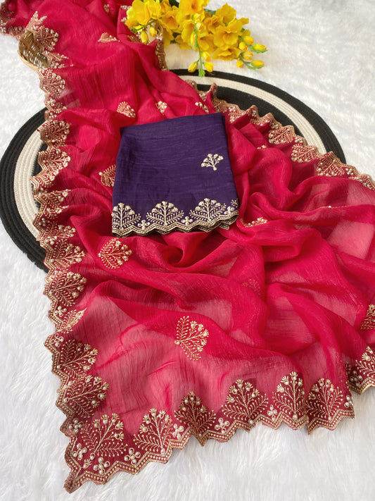 Crunchi Soft  Silk With Beautiful Embroidery & Moti Work A Scalloped