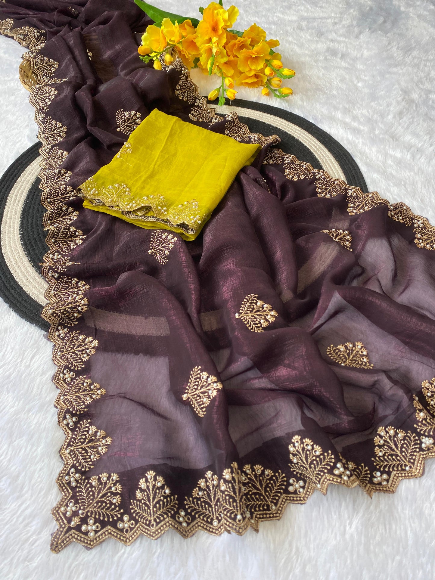 Crunchi Soft  Silk With Beautiful Embroidery & Moti Work A Scalloped