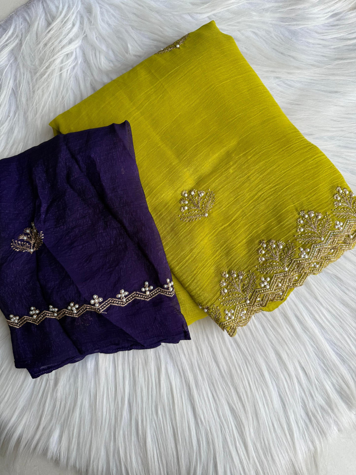 CRunchy Ciffon Paiding Saree With Elegant Scalap Embroidery Work.