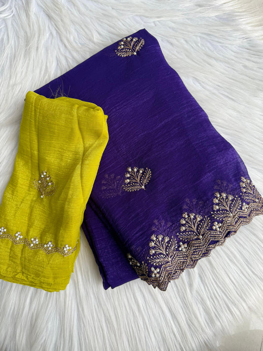 CRunchy Ciffon Paiding Saree With Elegant Scalap Embroidery Work.