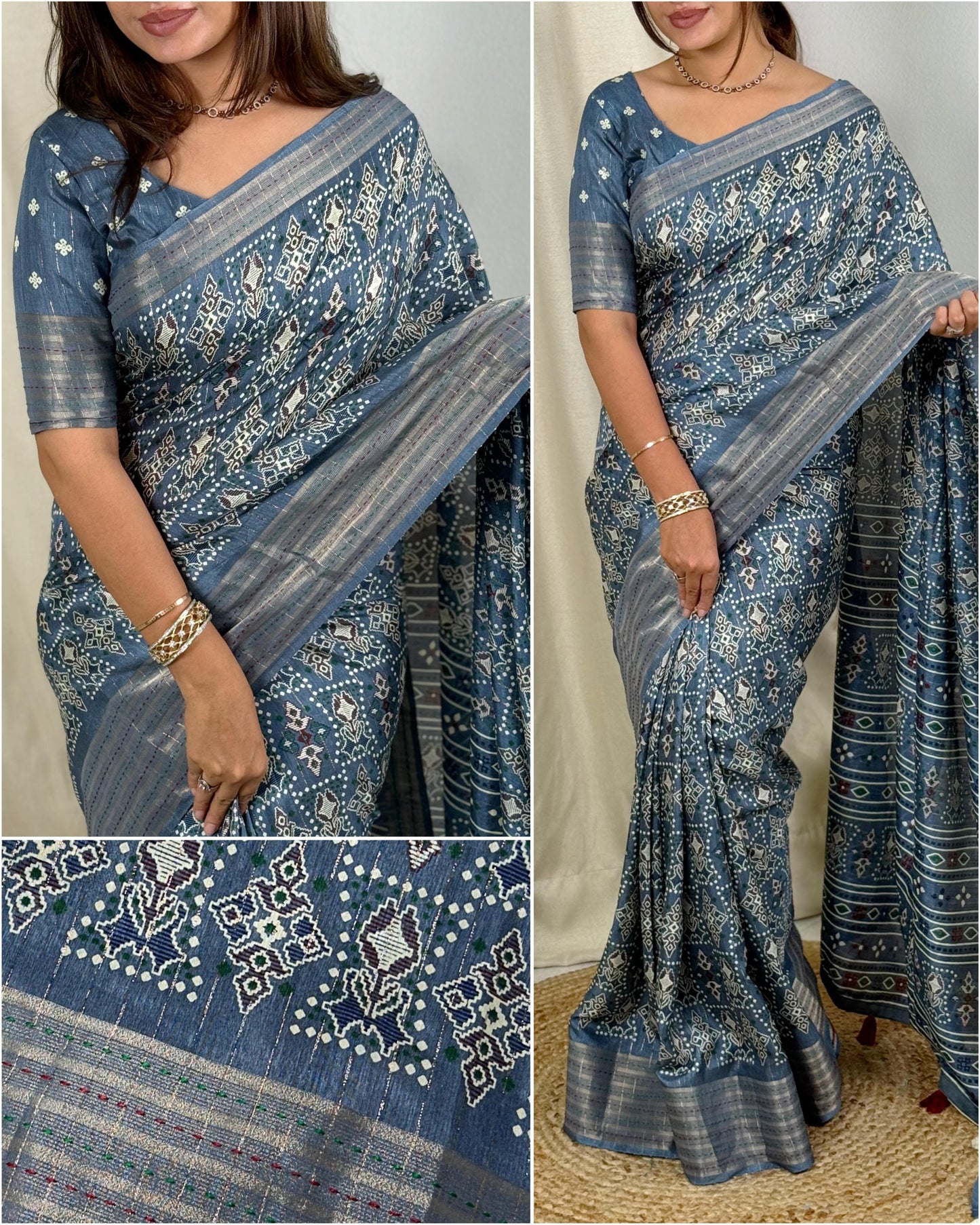 Ajrakh Printed Saree With Katha Work In Saree Border