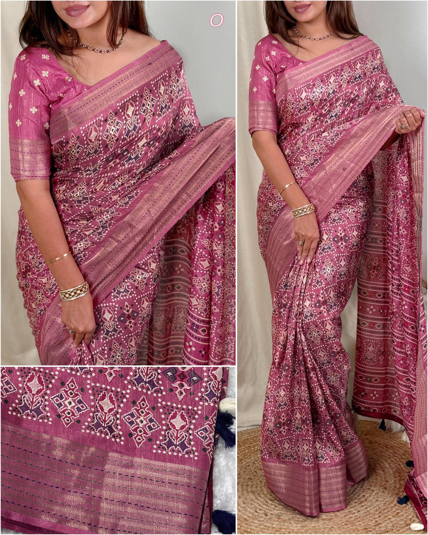 Ajrakh Printed Saree With Katha Work In Saree Border
