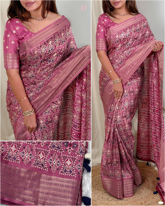Ajrakh Printed Saree With Katha Work In Saree Border