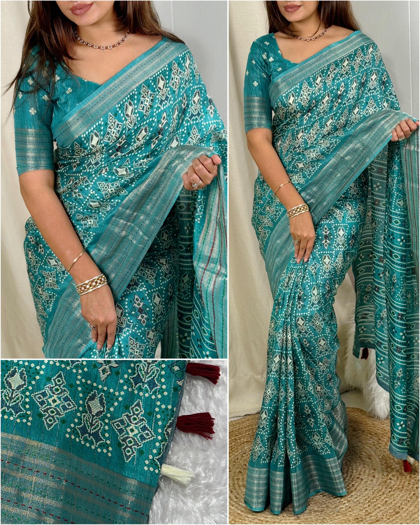 Ajrakh Printed Saree With Katha Work In Saree Border