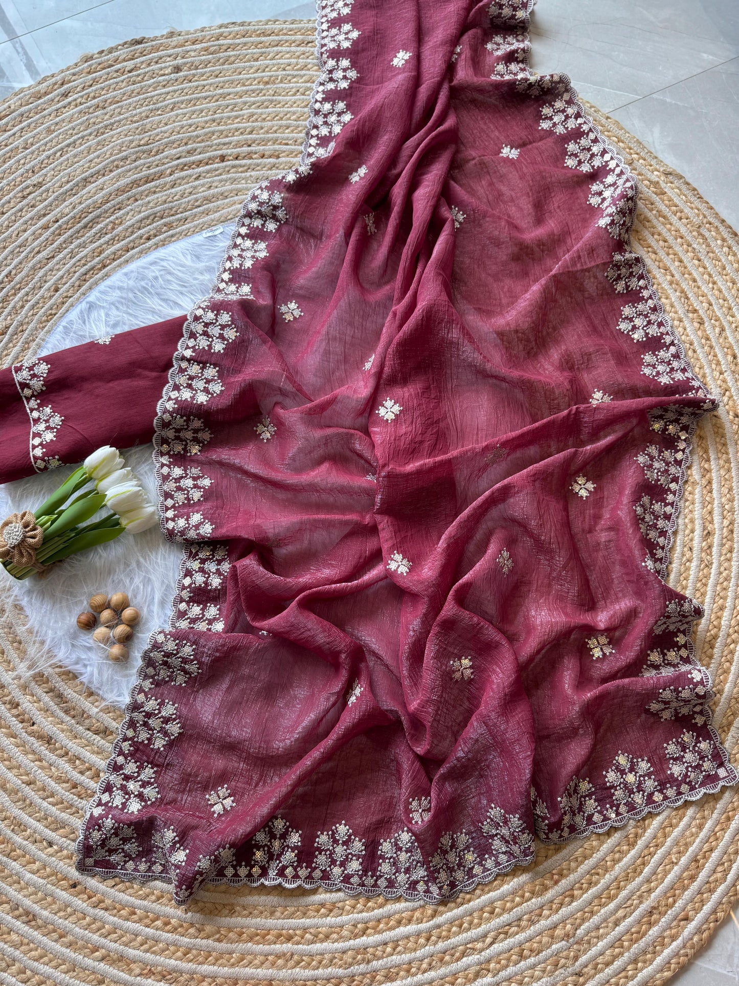 Soft Crushed Silk Sarees, Adorned With Delicate Zari Floral Embroidery Along The Border