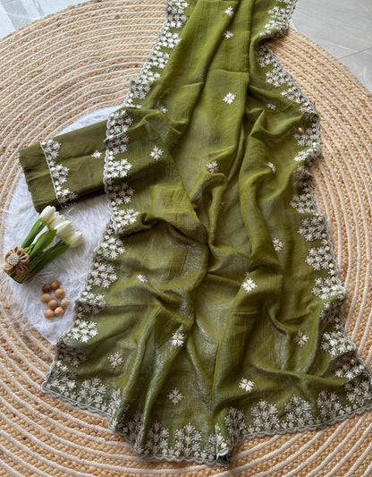 Soft Crushed Silk Sarees, Adorned With Delicate Zari Floral Embroidery Along The Border