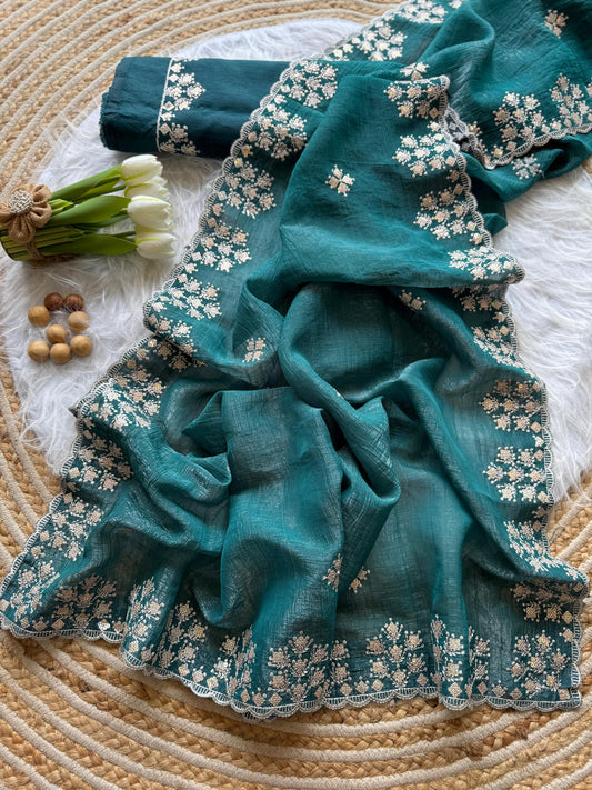 Soft Crushed Silk Sarees, Adorned With Delicate Zari Floral Embroidery Along The Border