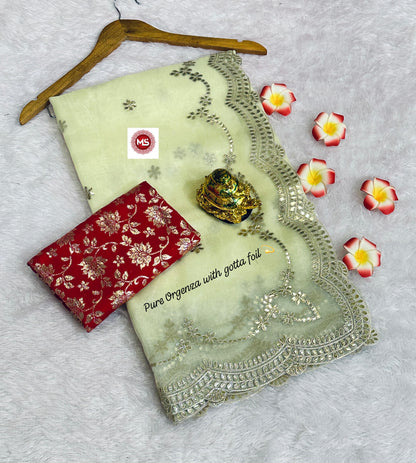 Beautiful Net Organza Designer Saree With C*Pallu Foil Gota Work Border  & Butti All In Saree Or Elegant Cutwork Boder.