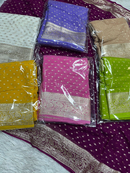 Latest Wedding wear Padding Color Viscose Georgette Jacquard Weaving Work Designer Saree