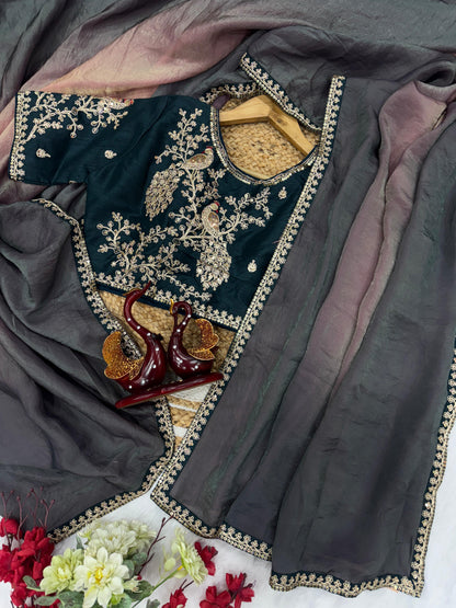 Shaded Soft Space Silk  Beautiful Multicolour Sequence And Cording Embroidery Work
