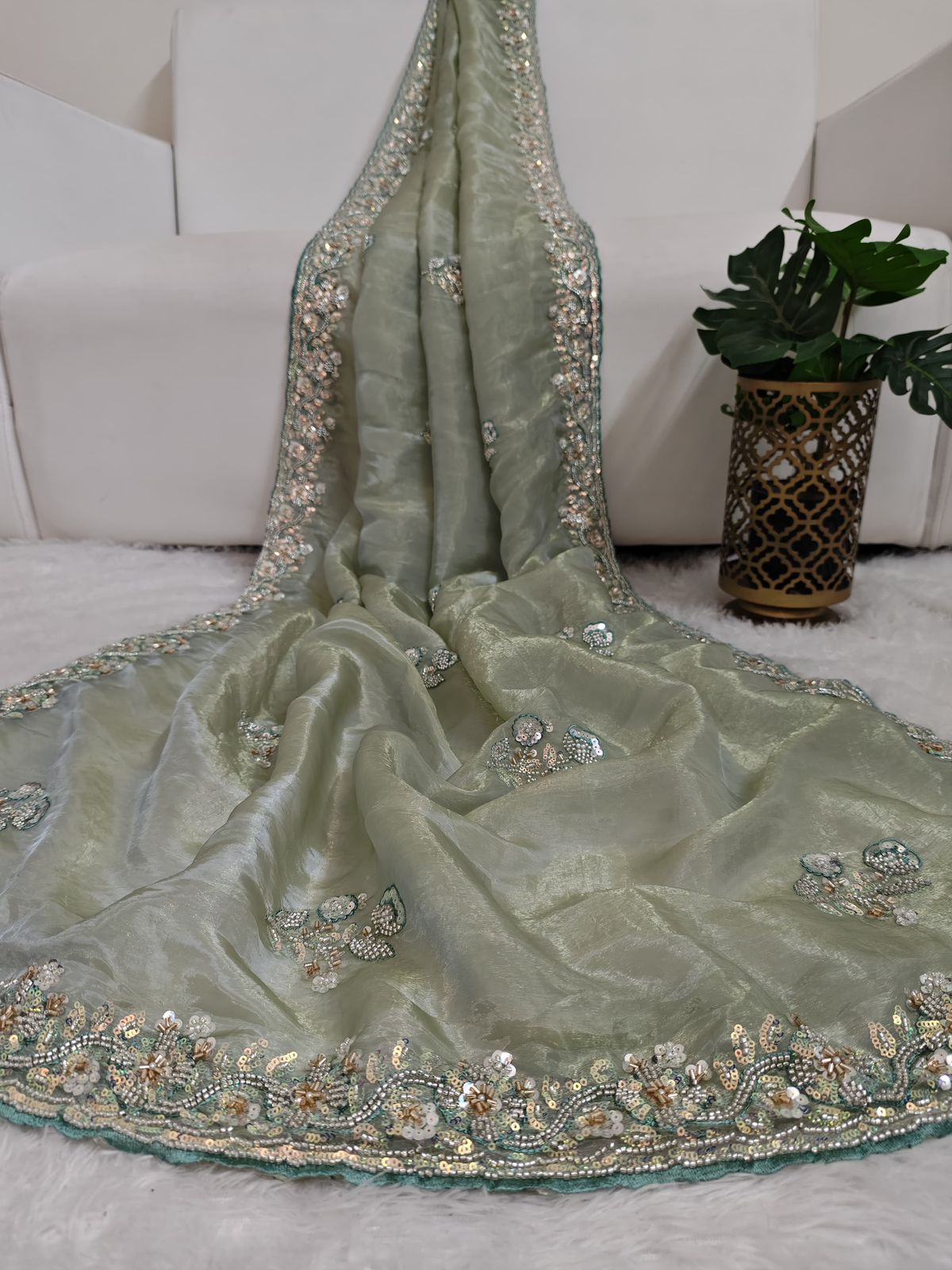 Glass Organza Saree With Hand Work Using Sequins