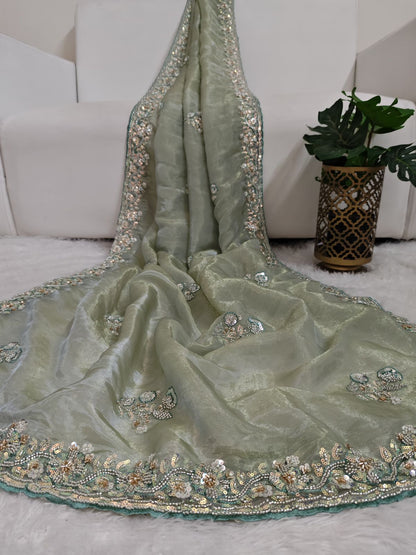 Glass Organza Saree With Hand Work Using Sequins