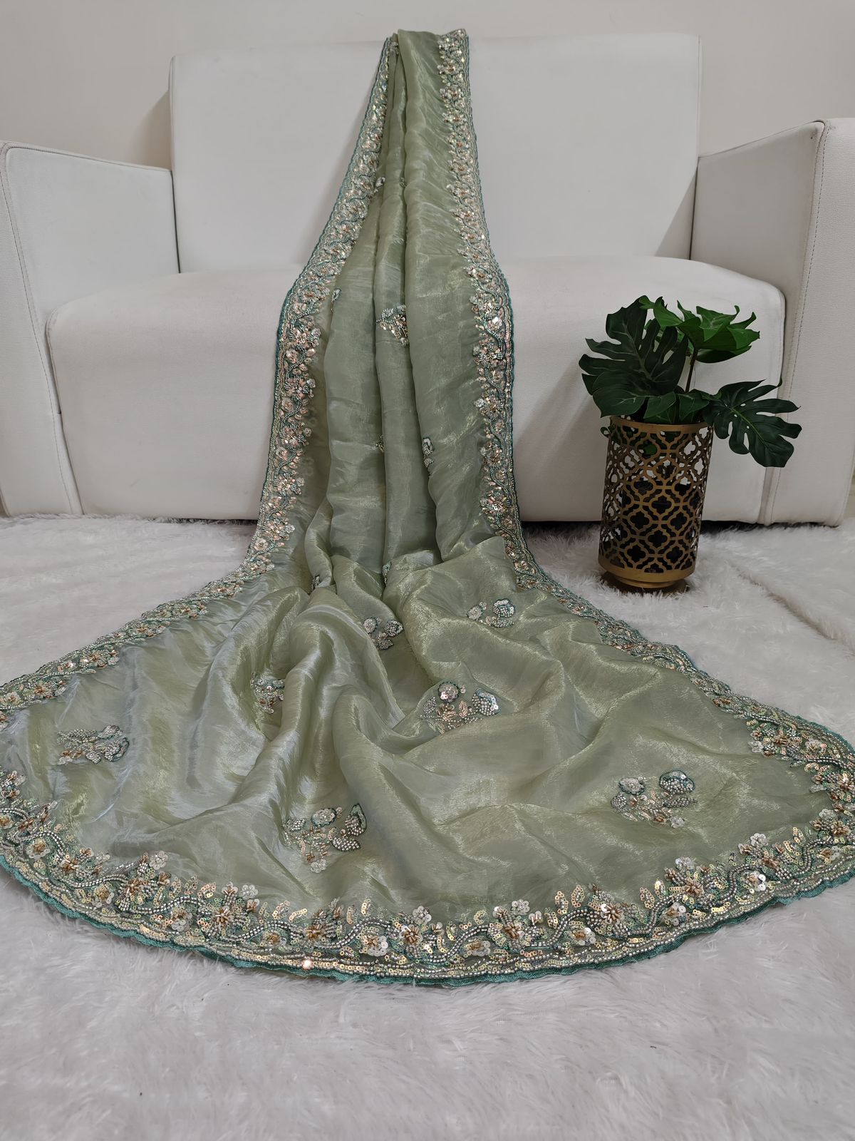 Glass Organza Saree With Hand Work Using Sequins