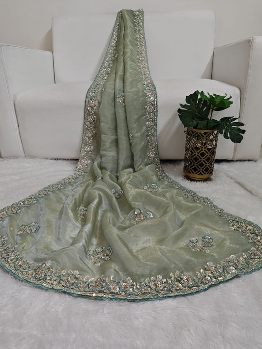 Glass Organza Saree With Hand Work Using Sequins