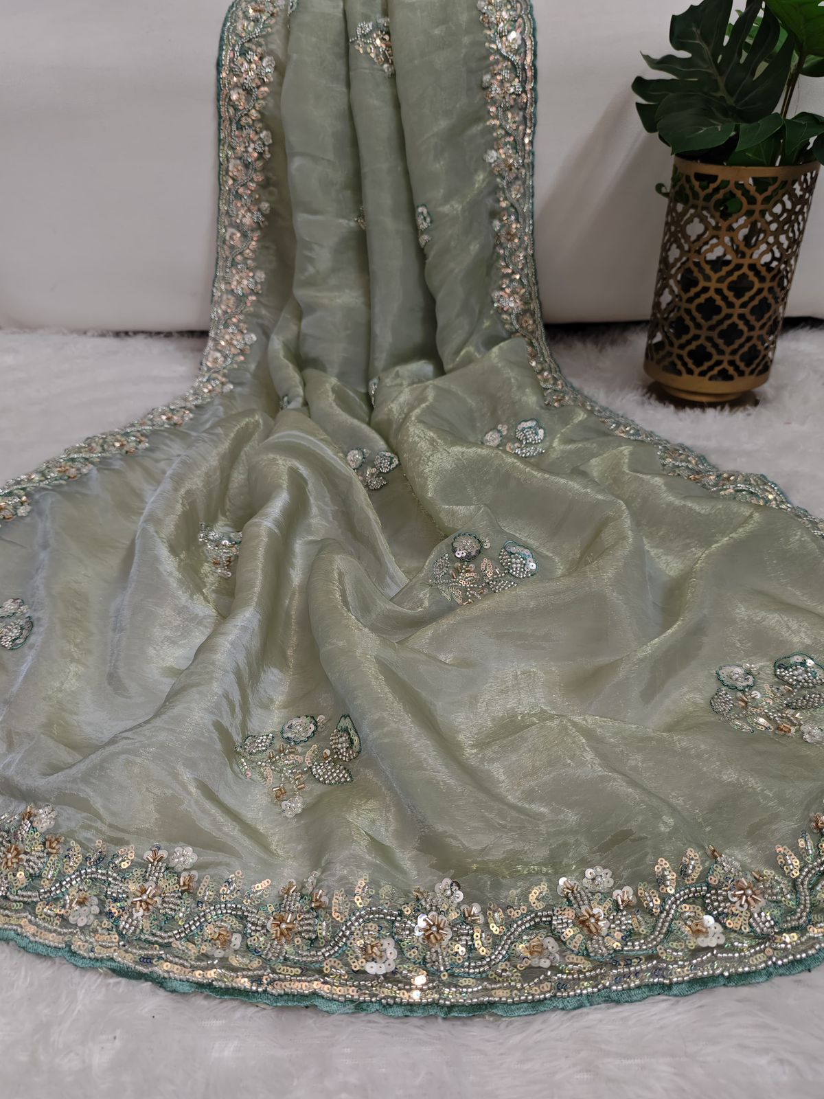 Glass Organza Saree With Hand Work Using Sequins