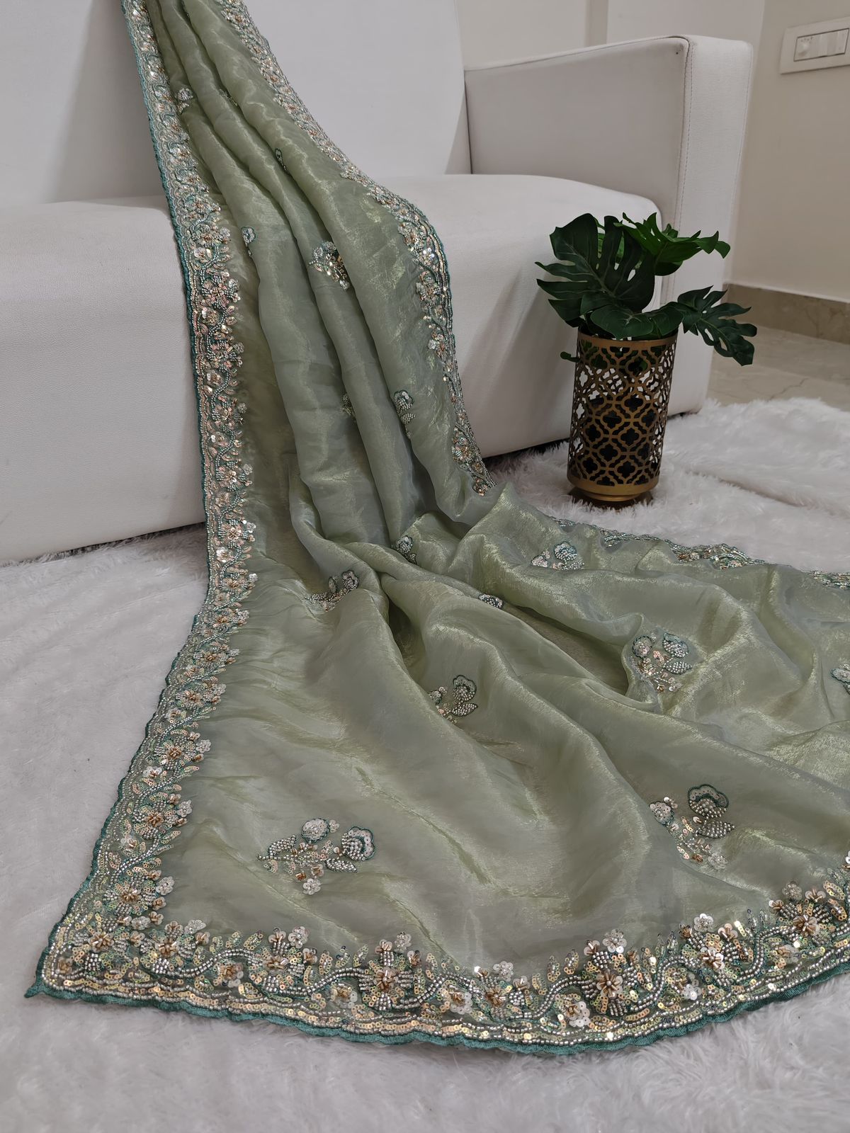 Glass Organza Saree With Hand Work Using Sequins