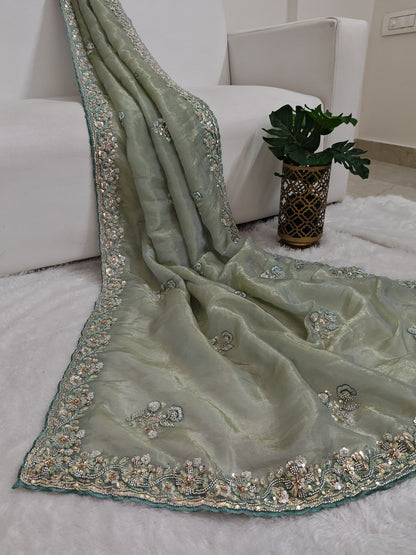 Glass Organza Saree With Hand Work Using Sequins