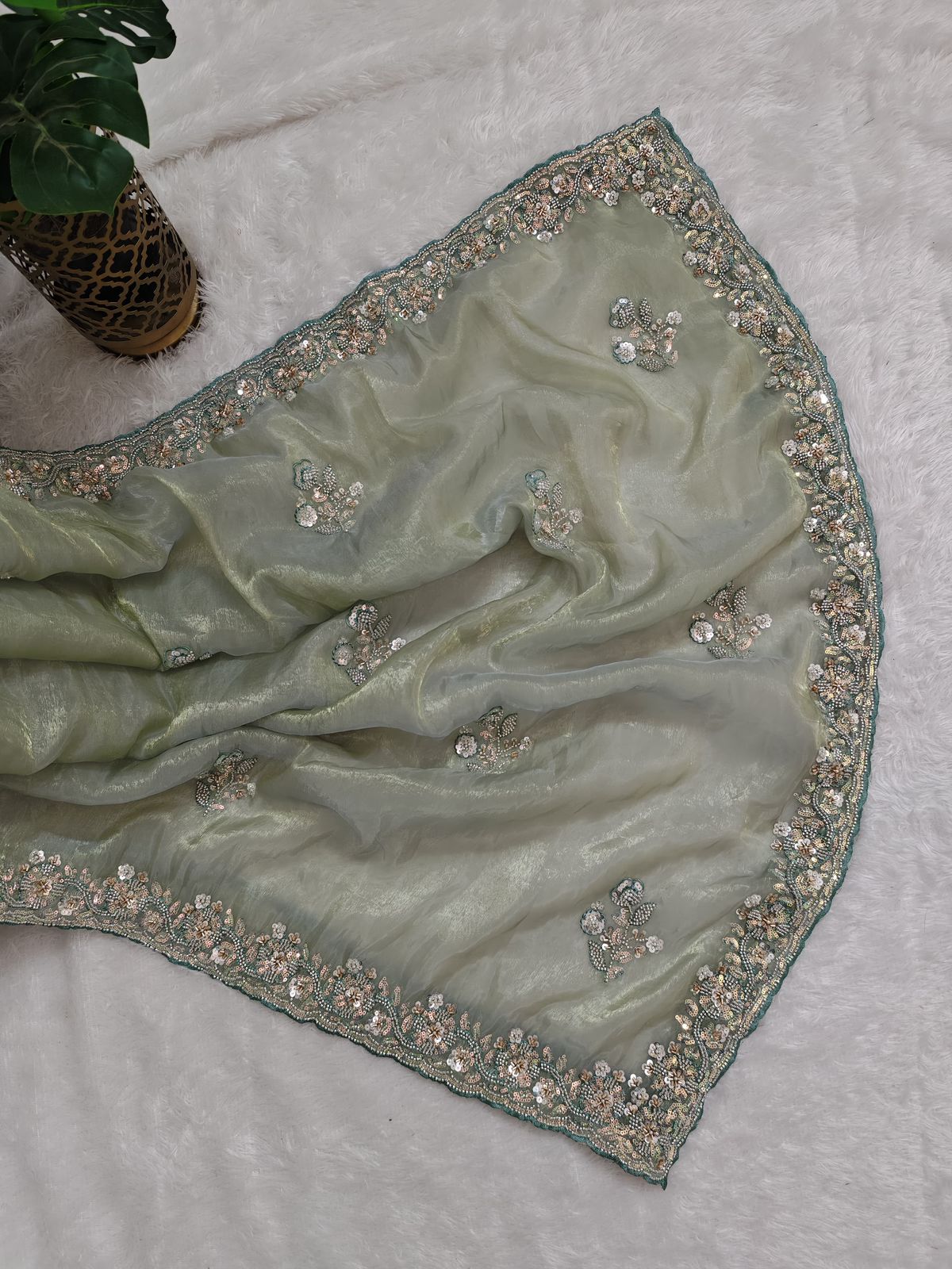 Glass Organza Saree With Hand Work Using Sequins