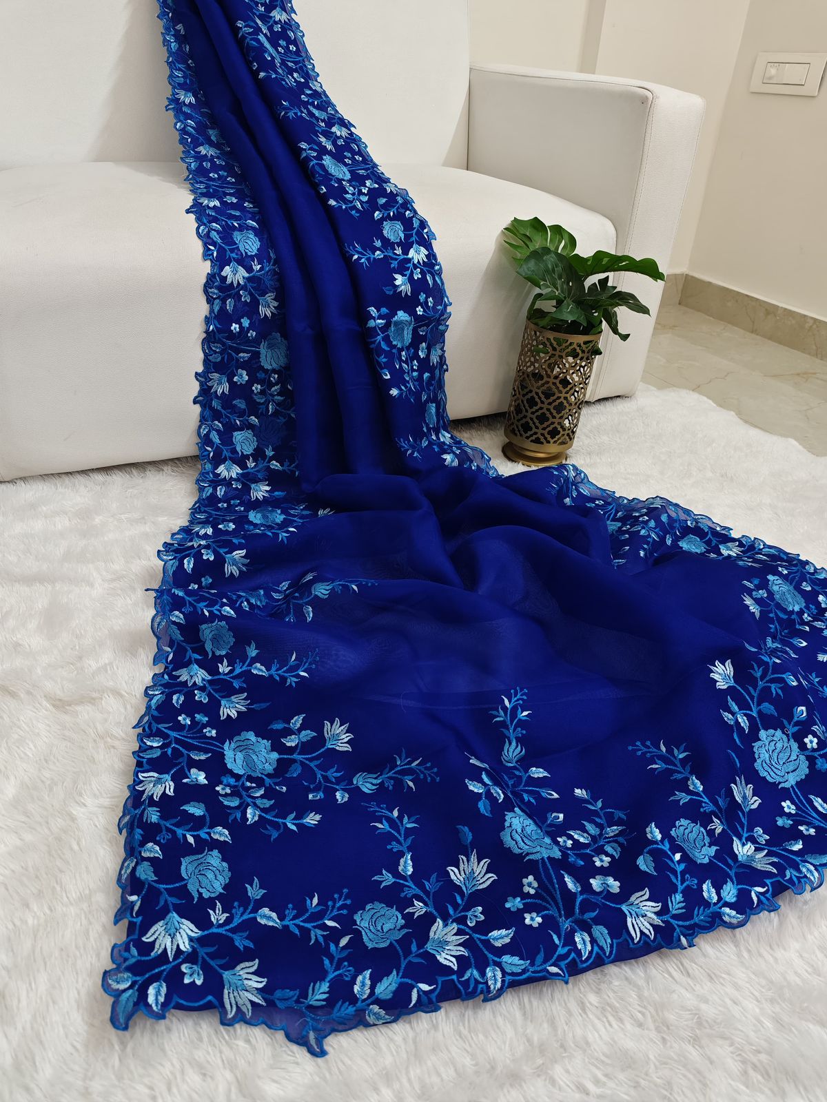 Pure Georgette Saree With Shaded Floral Embroidery On Borders